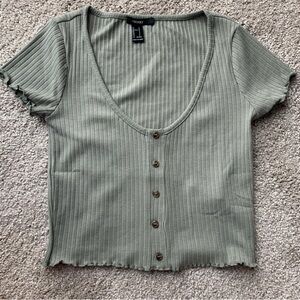 Forever 21 Ribbed Lettece Edge Green Button Up Crop Top Size Medium
